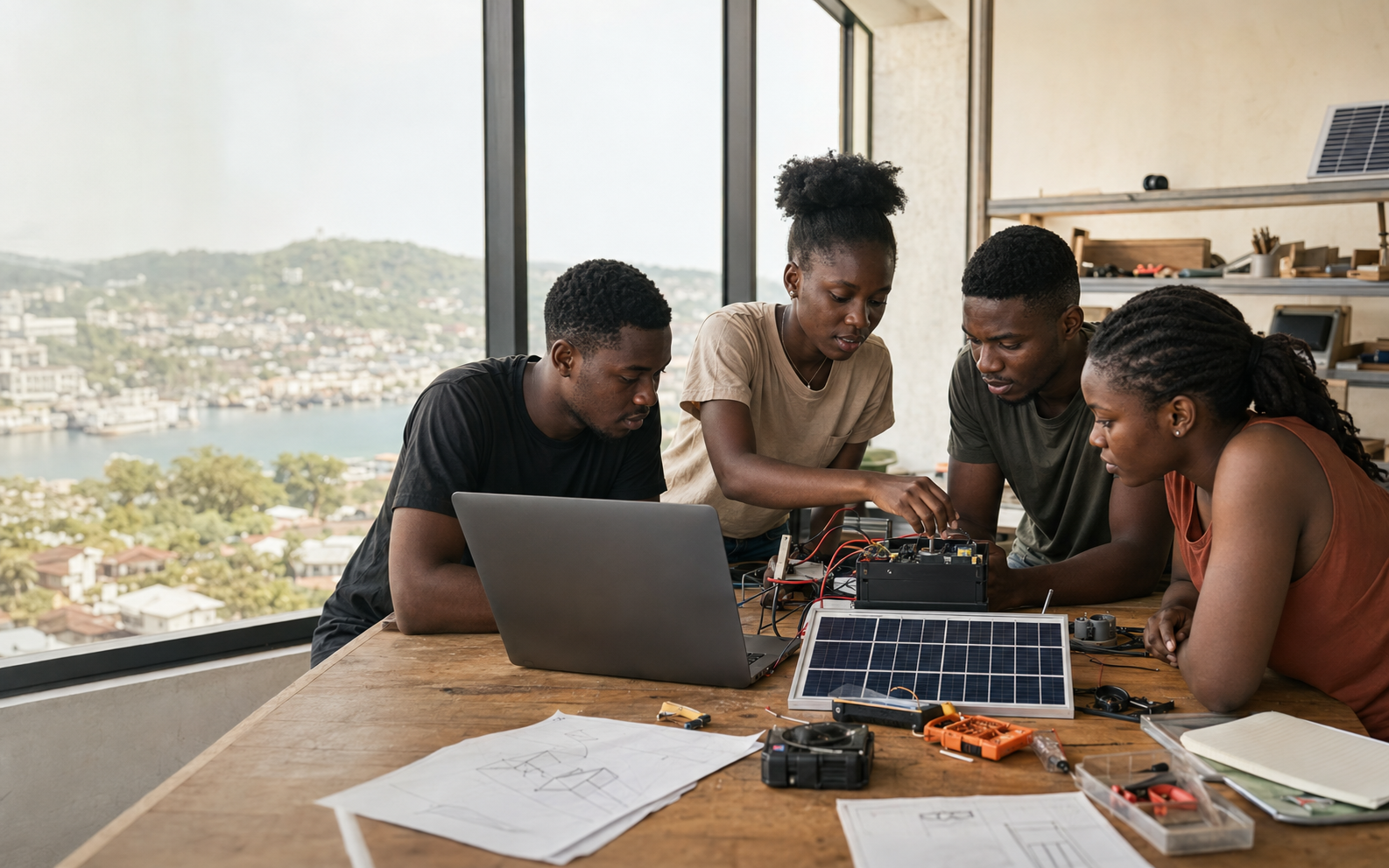 Builders collaborating around a hardware prototype